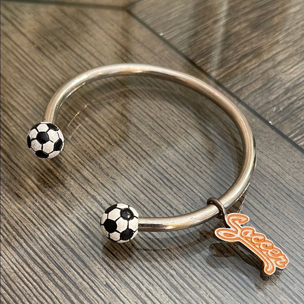 Soccer Charm Bracelet Soccer Ball Ends 
Circular Barbell Cuff Bracelet